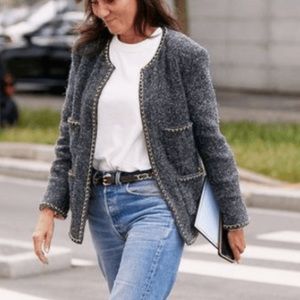 Tin house women’s gray wool crop blazer with gold lines S L41-8